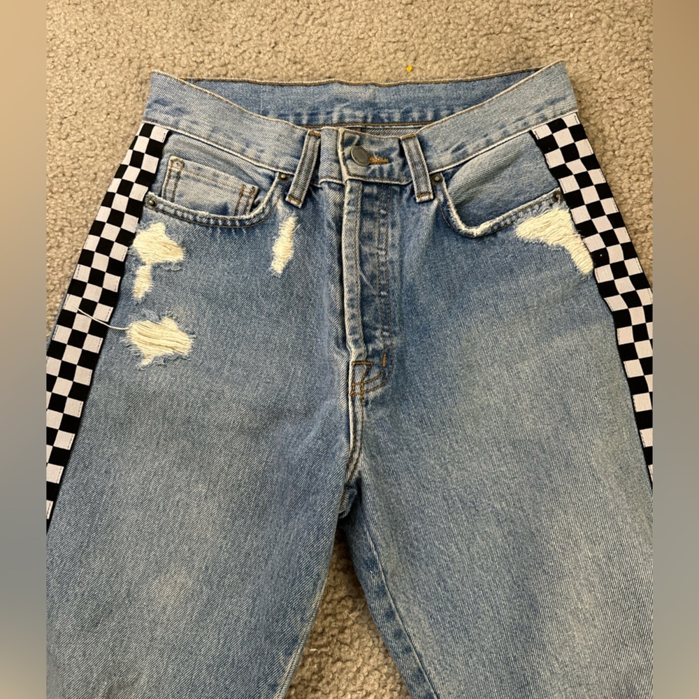 Light Blue Distressed Women's Jeans with Black & White Checker Side Panels